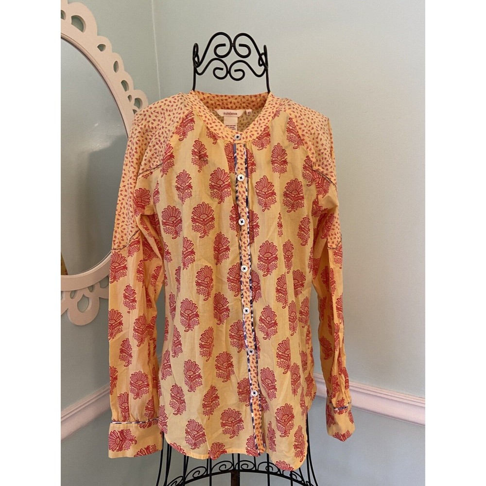 Sundance Catalog Damask Yellow Red Blue Mock Collar Button-down Shirt Top XS